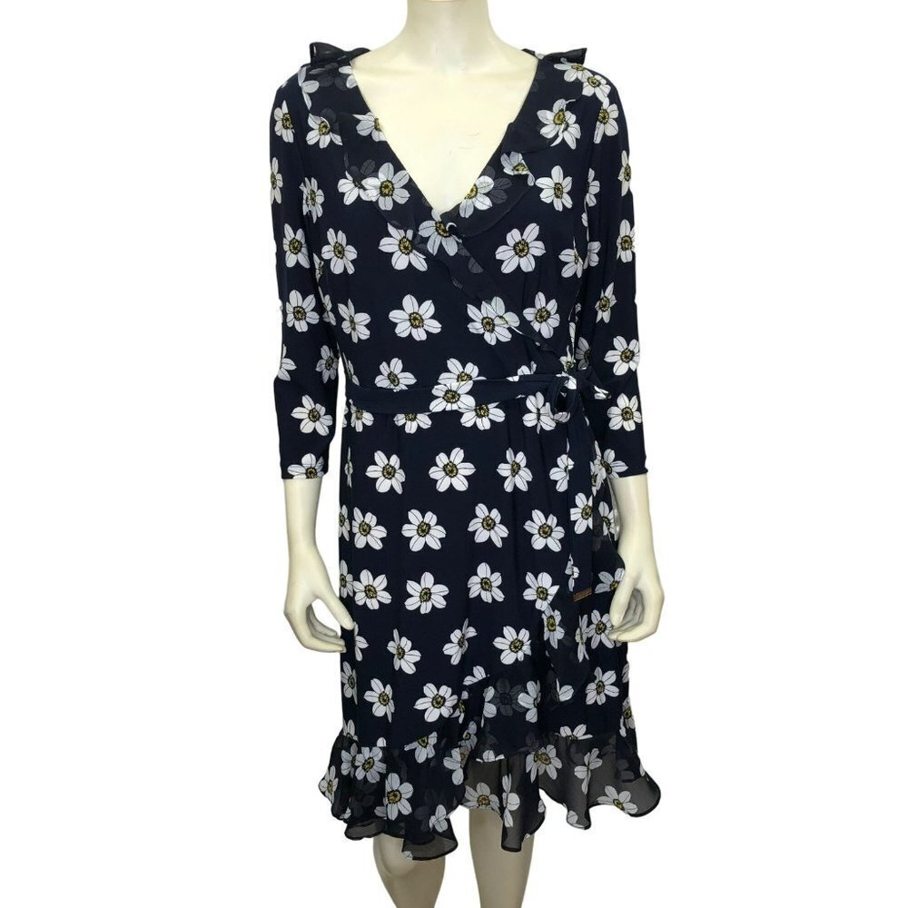 TOMMY HILFIGER RUFFLE NECK FLORAL FAUX WRAP DRESS SIZ 10‎